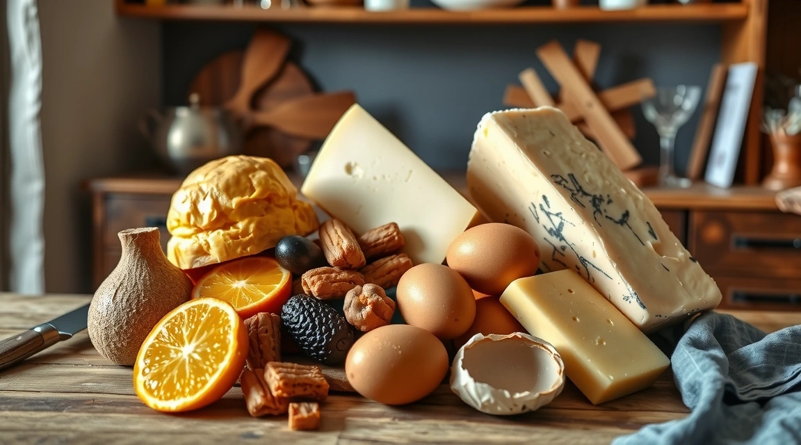 Variedad de alimentos ricos en vitamina K2 como natto, quesos y huevos