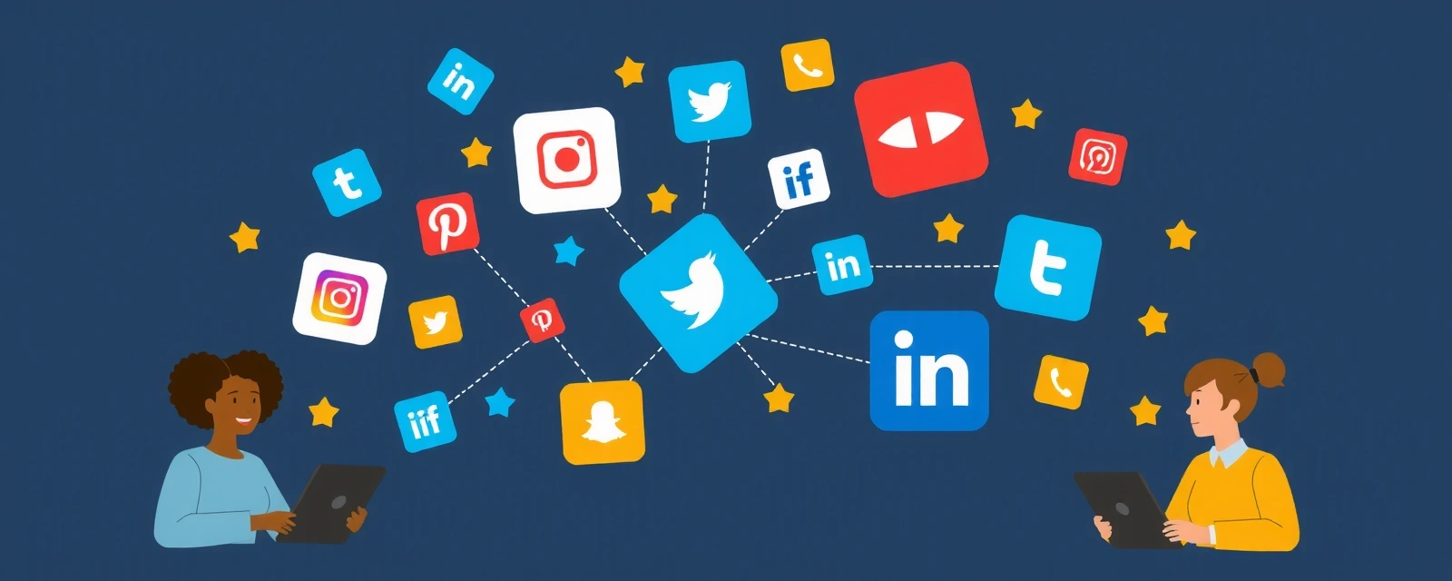 Grupo de iconos de redes sociales flotando dinámicamente con personas interactuando en dispositivos móviles.