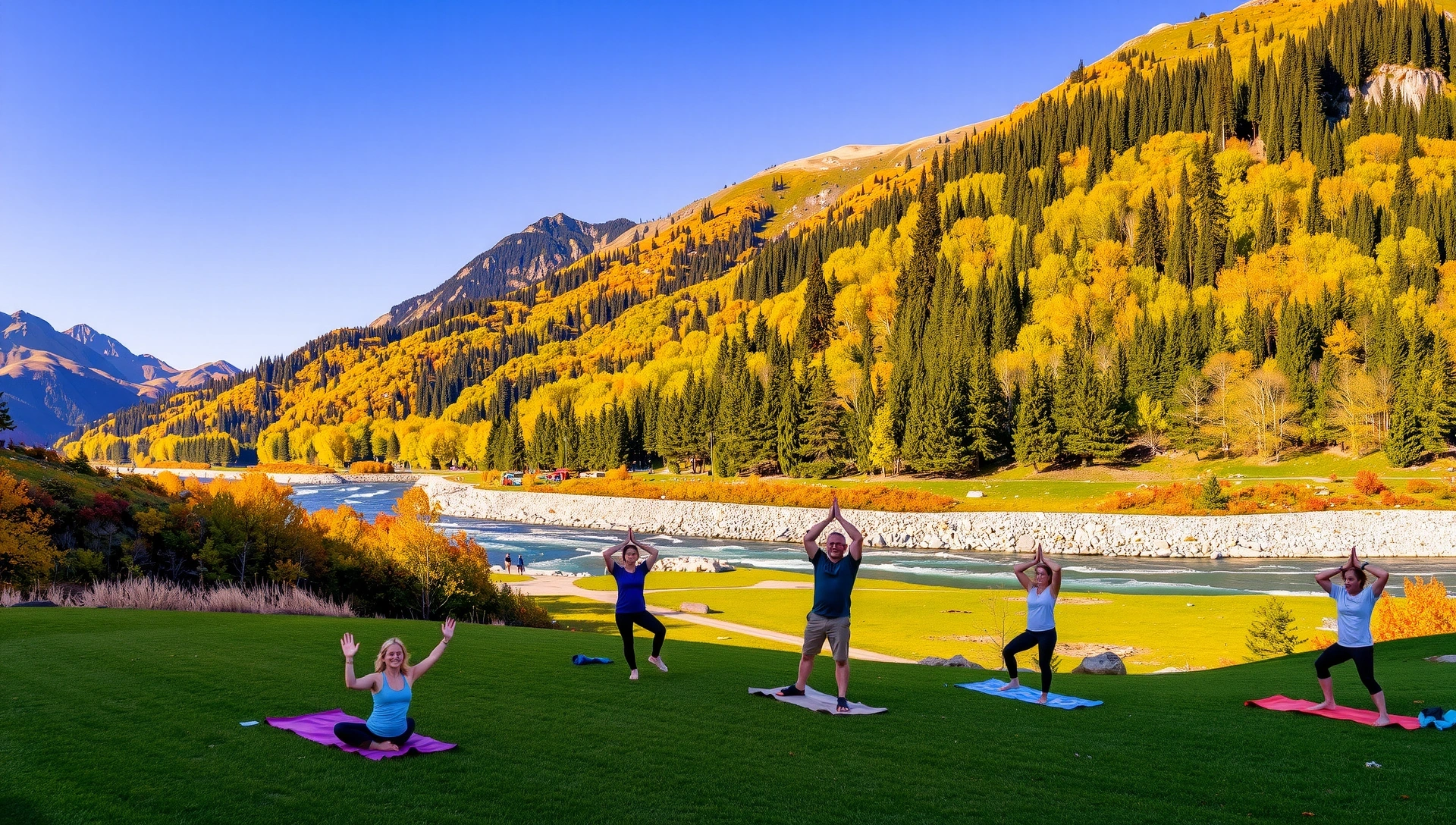 Paisaje natural vibrante con montañas, bosque y un río, simbolizando salud y actividad al aire libre.