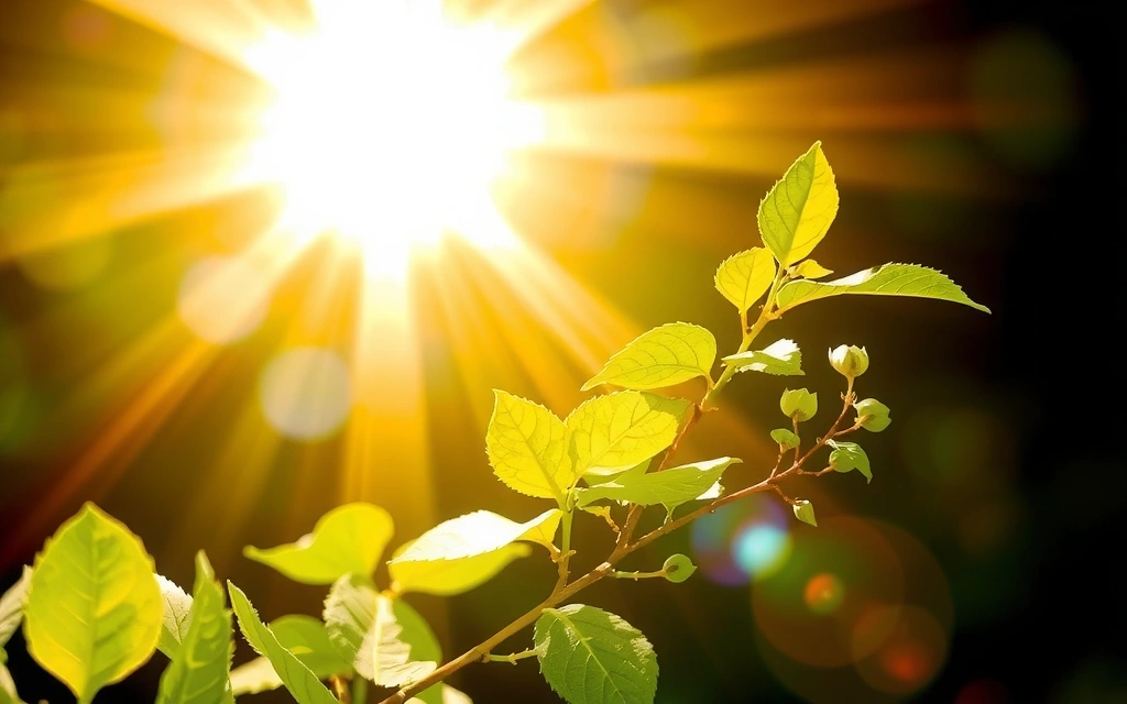 Representación abstracta de energía y luz con hojas verdes vibrantes, sugiriendo vitalidad y crecimiento.