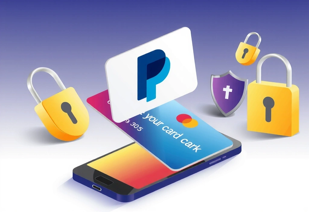 Ilustración de una tarjeta de crédito y el logo de PayPal flotando sobre un smartphone, simbolizando pagos seguros.