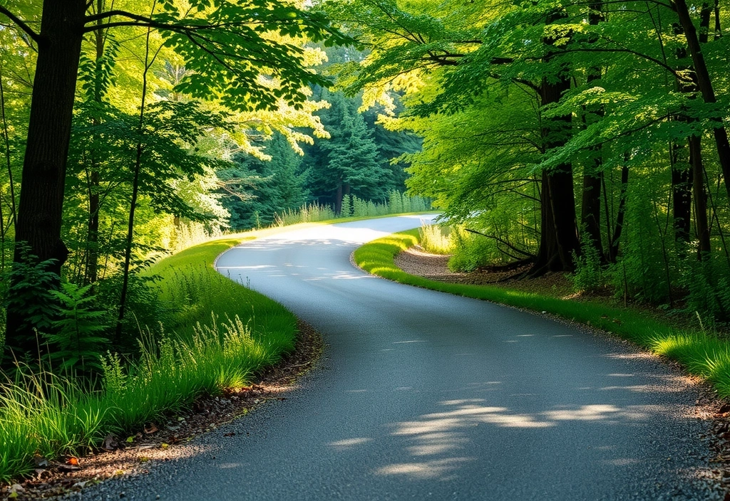 Un sendero serpenteante que se adentra en un bosque exuberante y vibrante, simbolizando el camino de la misión y visión de FallaVit.