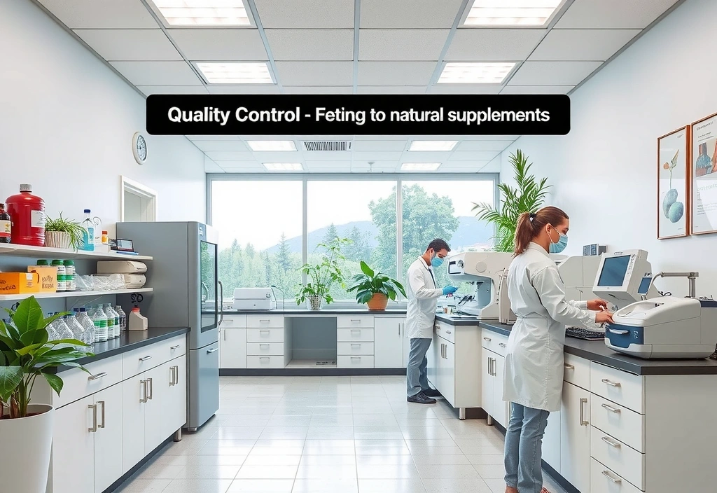 Un laboratorio moderno con equipos de alta tecnología y científicos en batas blancas realizando pruebas de calidad en suplementos, con plantas y elementos naturales integrados en el diseño.