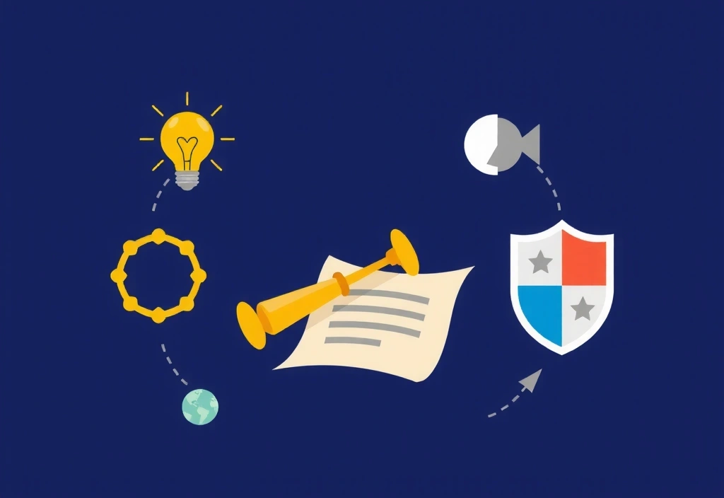 Ilustración de conceptos legales y derechos de autor, con iconos de una bombilla, un pergamino y un escudo.